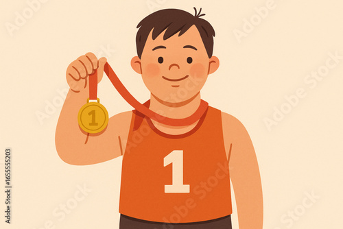 Flat animated athlete with Down syndrome holding medal vector illustration