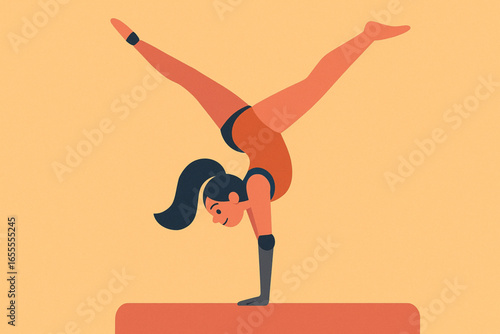 Flat animated girl with prosthetic arm doing gymnastics vector illustration