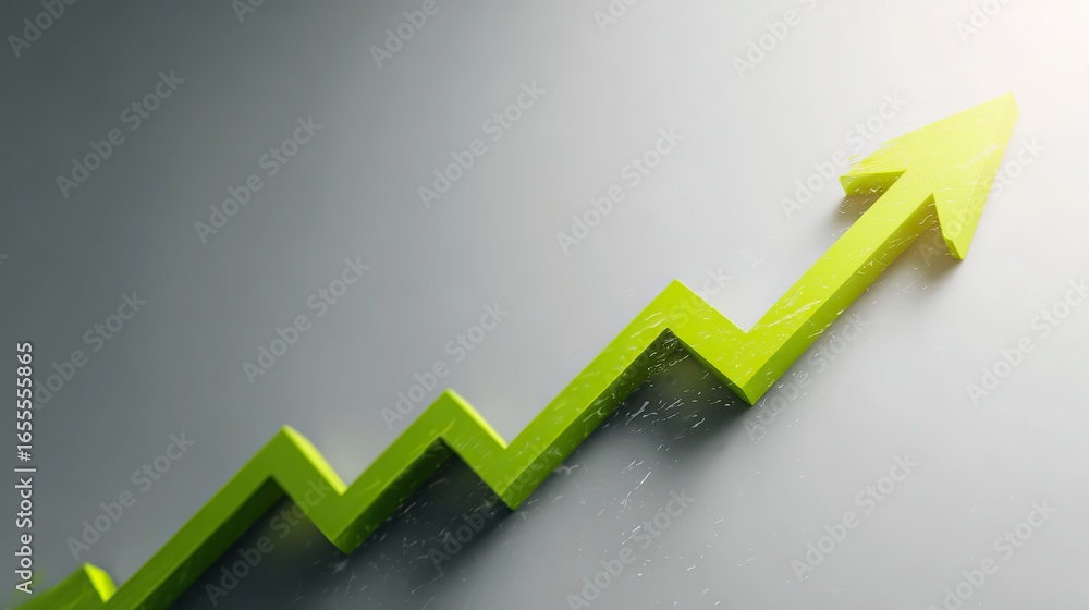 Bright green upward jagged arrow on grey background symbolizing growth in economy, markets, stock prices and cryptocurrency Bright green upward jagged arrow on grey background symbolizing growth in economy, markets, stock prices and cryptocurrency