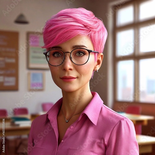 Friendly Teacher with Pink Pixie Hair and Glasses in a School Classroom