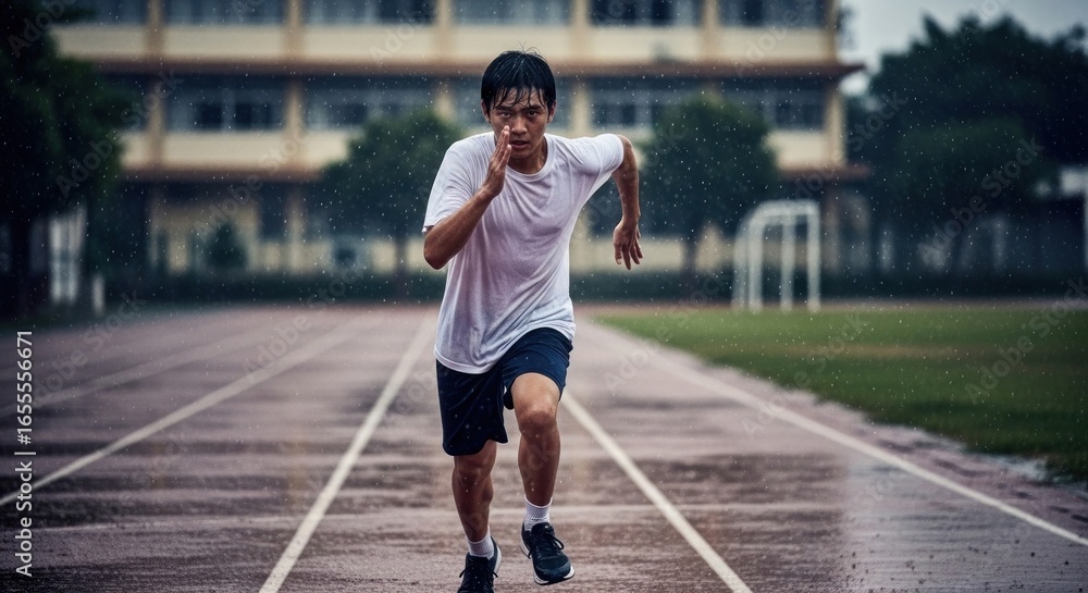 Obraz premium Determined athlete sprinting on a running track in the rain, showcasing dedication, perseverance