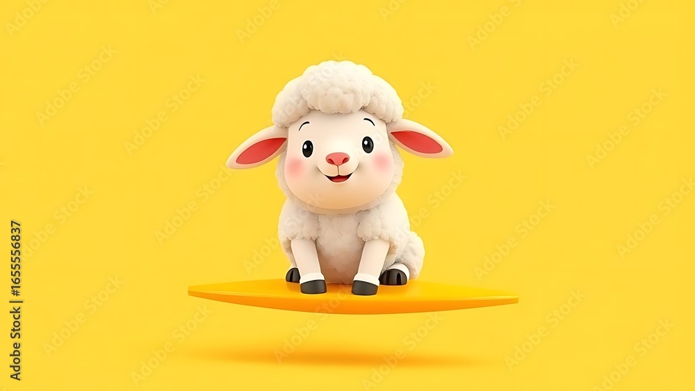 Obraz premium Cute 3D Animated Lamb Character on Vibrant Yellow Minimalist Background