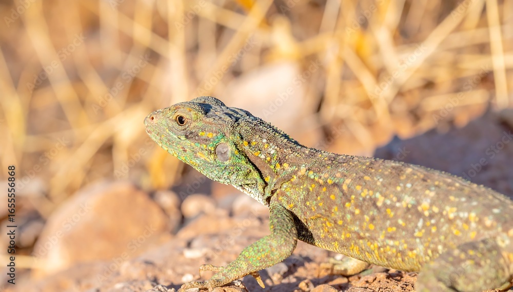 Naklejka premium A small lizard, speckled green and brown, is perched on dry earth among rocks and blurred tan grasses