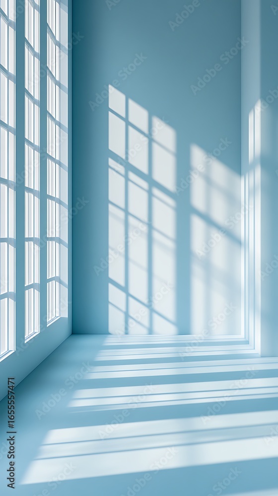 Fototapeta premium Light Blue Room with Large Window Casting Shadows on the Walls and Floor