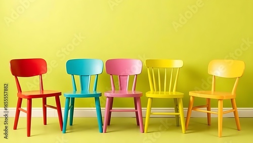 A playful arrangement of mismatched chairs in vibrant colors, representing whimsical seating dilemmas.