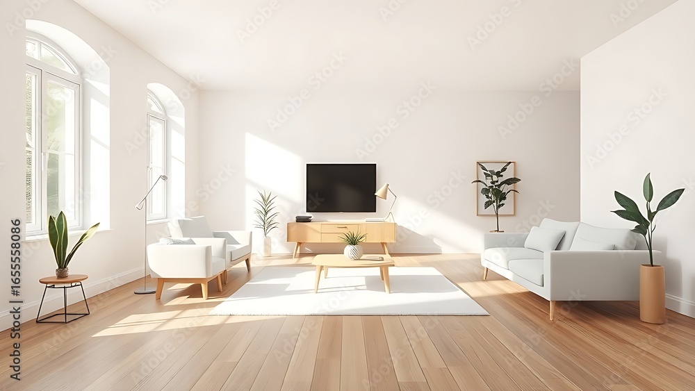 Fototapeta premium Minimalist living room with mid-century modern furniture, white walls, and wood flooring in natural light.