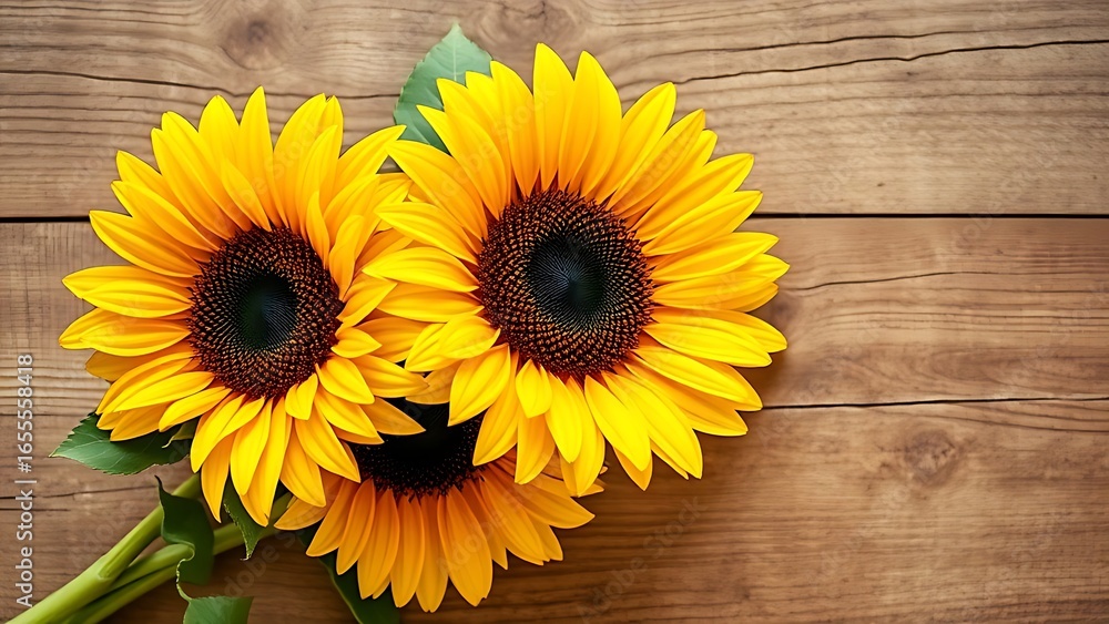 Fototapeta premium A sunflower bouquet arranged on a rustic wooden surface, warmly lit with a textured neutral background.