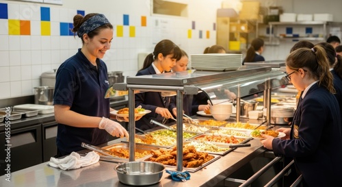 School cafeteria with students selecting lunch from a food service line, featuring a variety of dishes and a server assisting, promoting healthy eating and school nutrition programs
