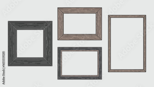 Four assorted wooden picture frames arranged on a light grey background photo frame wood frame