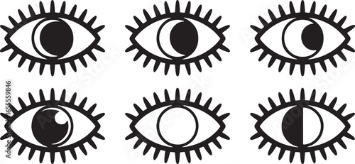 Six Black and White Eyes with Varied Pupils on White Background stylized graphic