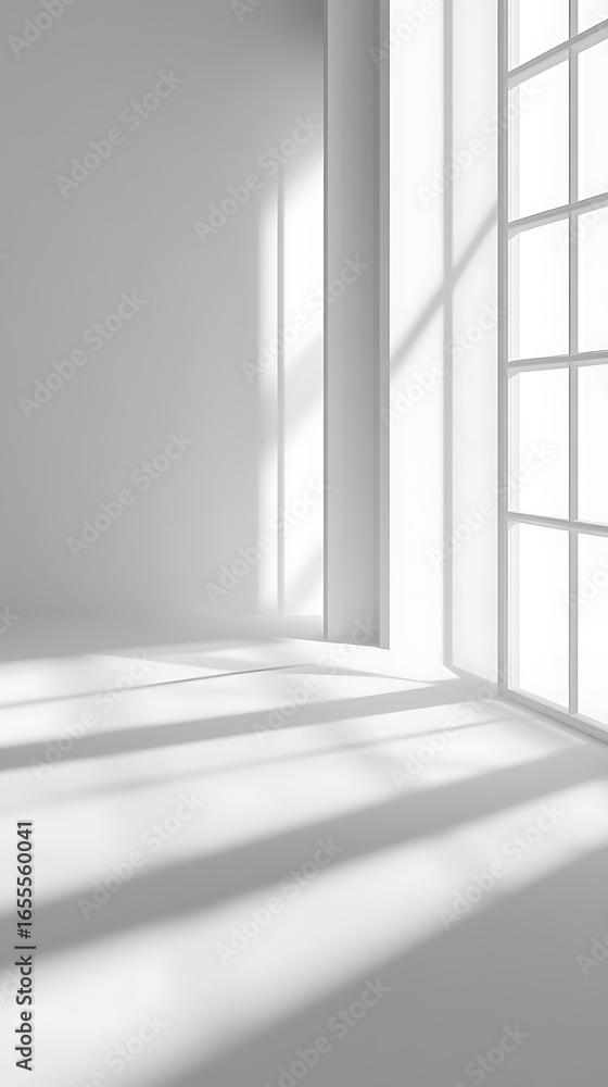Fototapeta premium Minimalist White Room Interior with Window Light and Shadows, Architectural Space Background