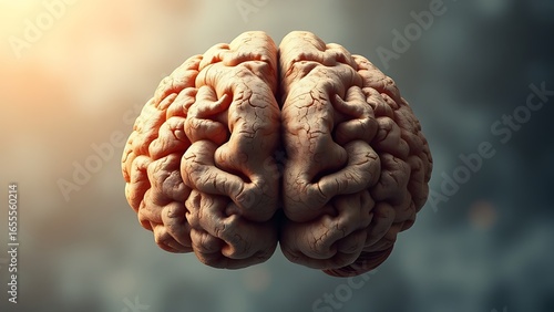 Textured illustration of a human brain divided into hemispheres with artistic abstract elements.