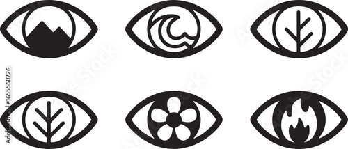 Six Stylized Eyes with Nature and Elemental Symbols Inside Keywords: eye, vision, sight, nature, elements, mountain