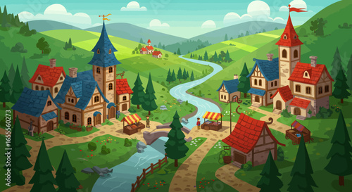 A picturesque village is nestled among rolling green hills and a winding river under a bright cloudy sky
