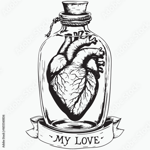 Anatomical heart in glass bottle with “MY LOVE” banner — symbolic black line vector of emotional preservation and devotion