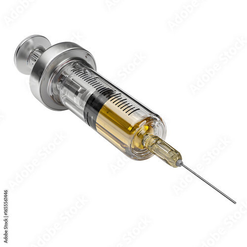 Transparent syringe filled with golden liquid featuring a sharp needle and metallic plunger.