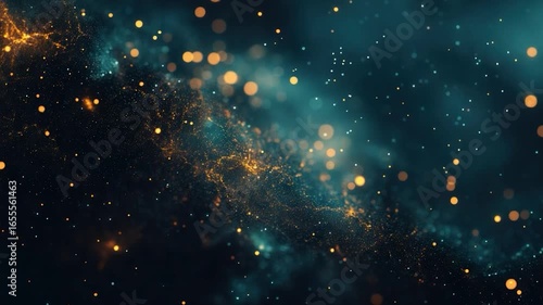 Abstract swirling particles of gold and teal light
