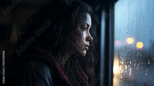 pensive young woman with curly hair looking out of a window on a rainy day, observing the city lights blurred by the raindrops running down the glass 4k video