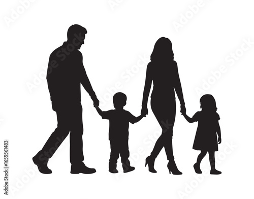 A family where mom and dad are holding their little one's hand

