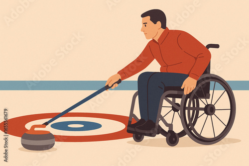 Flat illustration of para-athlete playing wheelchair curling vector design