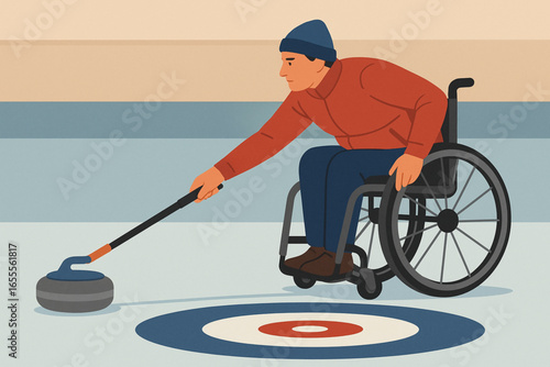 Flat illustration of para-athlete playing wheelchair curling vector design