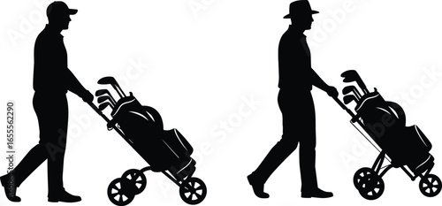 Silhouette of two golfers walking with golf bags on push carts, outdoor sport, leisure activity, golf players, golf equipment.