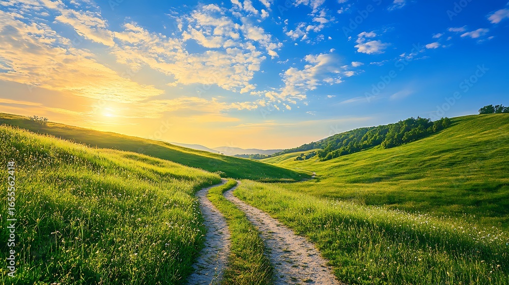 Obraz premium Serene Meadow Path at Sunrise Green Hills, Blue Sky, and Golden Light