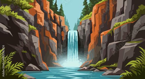 A waterfall plunges into a river surrounded by rocky cliffs and green trees
