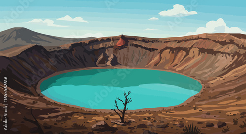 A waterfilled volcanic crater with a dry landscape under a blue sky dotted with white clouds