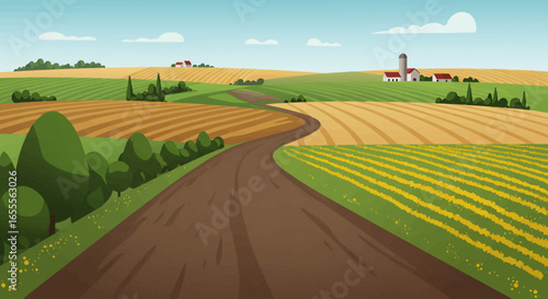 A winding dirt road leads to a distant farm amidst fields under a blue cloudy sky