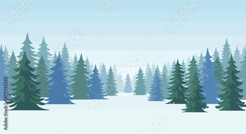 A winter landscape with evergreen trees snow and a cold hazy atmosphere