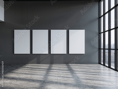Four blank frames on a dark wall inside a large, modern room with windows. An empty gallery space mockup with ample sunlight.