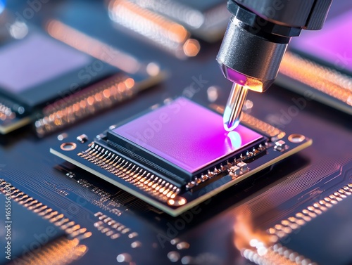 An adhesive gun applying ultrathin layers of glue in a microchip assembly