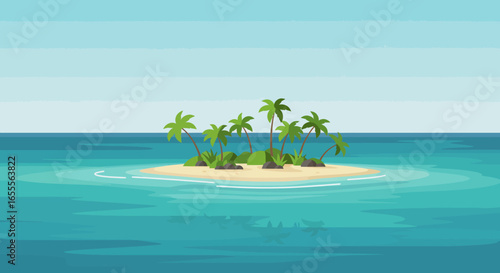 An island with sand palm trees rocks and some shrubs surrounded by ocean water