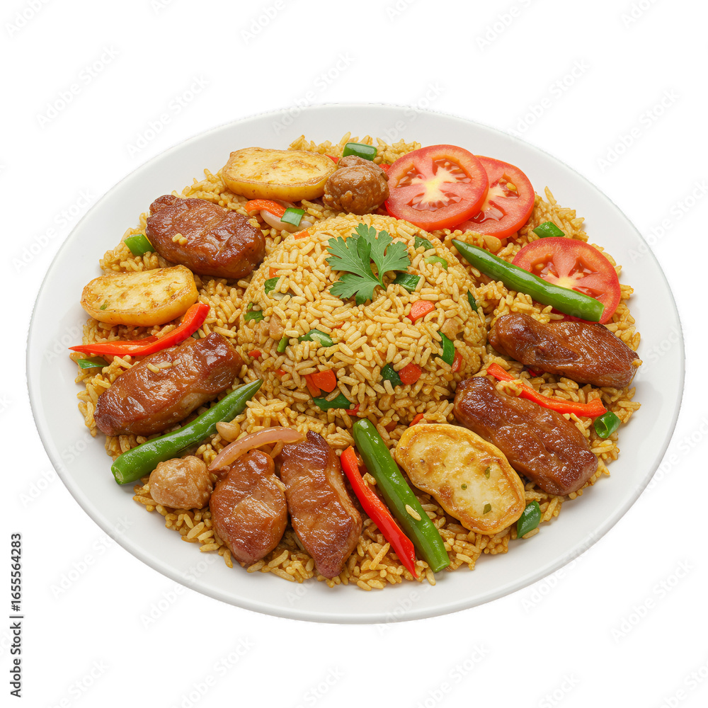 Fototapeta premium Plate of Colorful Fried Rice with Grilled Vegetables and Marinated Meat Served in White Dish
