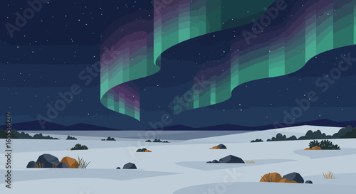 Aurora borealis over a snowy tundra landscape at night with stars in the dark blue sky