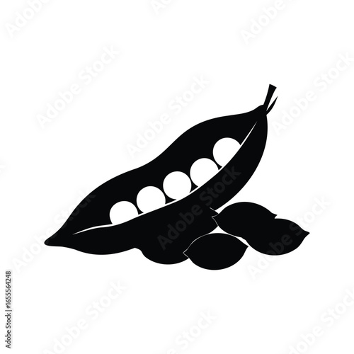 Monochrome Illustration of a Pea Pod with Three Peas and Several Loose Peas, seeds silhouette vector illustration