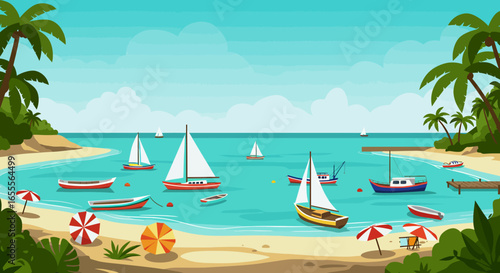 Beach scene with sailboats rowboats umbrellas and palm trees