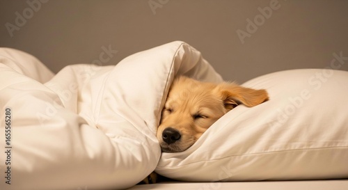 Cocoon of Comfort: A heartwarming glimpse of a tiny golden retriever puppy enveloped in a voluminous white comforter, lost in a deep sleep.