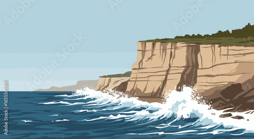 Coastal cliffs meet a turbulent sea framed by a light blue sky above