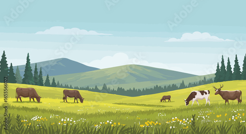 Cows and a deer graze in a field nestled in a green landscape under a partly cloudy sky