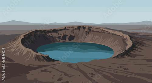 Crater lake surrounded by rocky uneven terrain beneath a pale sky Distant hills are visible
