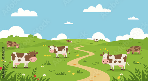 Cows graze on a green grassy field under a blue sky with white clouds with a winding dirt path