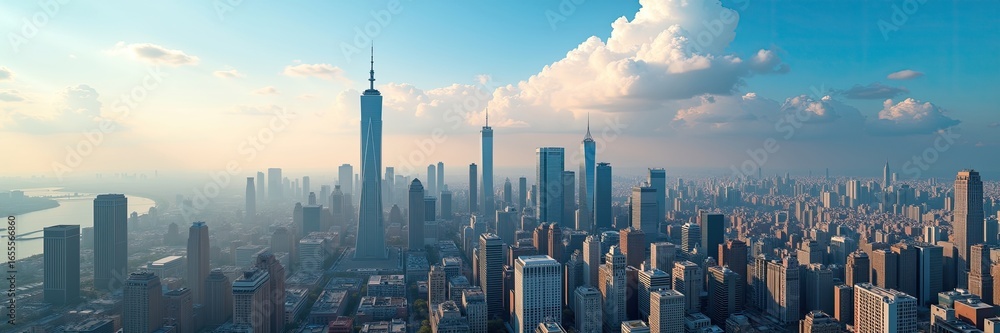 Obraz premium Panoramic view of a sprawling cityscape at sunrise.