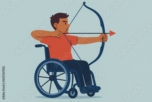Flat animated para-archer pulling bow vector illustration