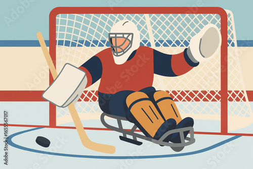 Flat animated para-hockey goalie blocking shot vector illustration