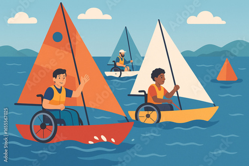 Flat cartoon adaptive sailing competition vector illustration