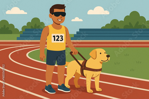 Flat cartoon athlete with guide dog on track vector illustration