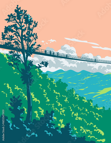 WPA poster art of pedestrian cable bridge in Gatlinburg over the Great Smoky Mountains National Park in Tennessee, United States done in works project administration or or federal art project style.