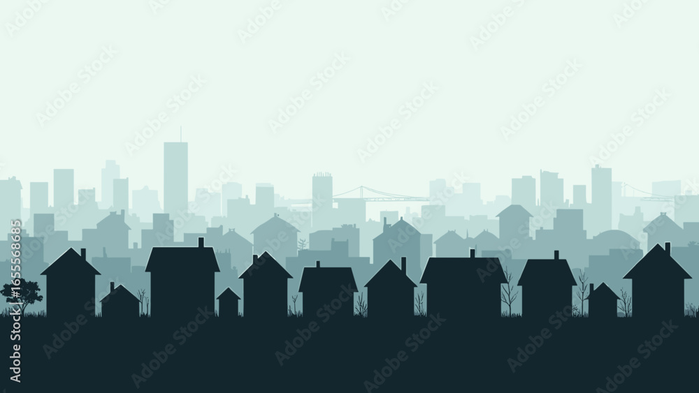 Naklejka premium Minimalist Silhouette Cityscape Panorama with Residential Houses and Urban Skyline